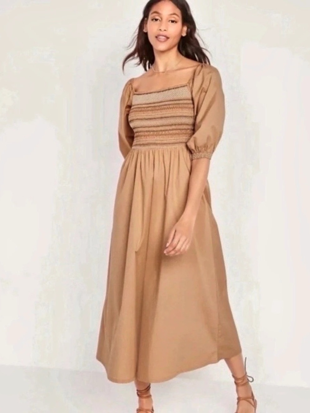 Old Navy Smocked Square-Neck Midi Dress Brown Size Medium